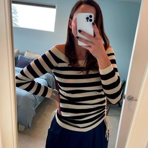 Theory Off-shoulder striped sweater